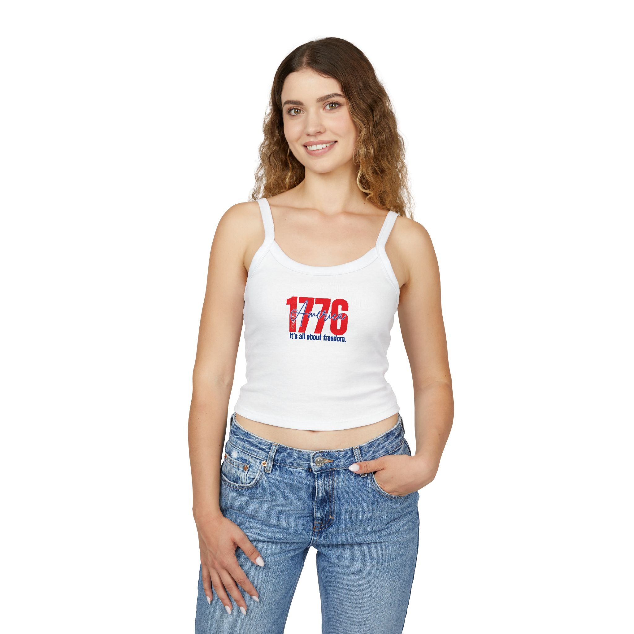 1776 Patriotic Crop Tank – "It's All About Freedom" Women’s Spaghetti Strap Top