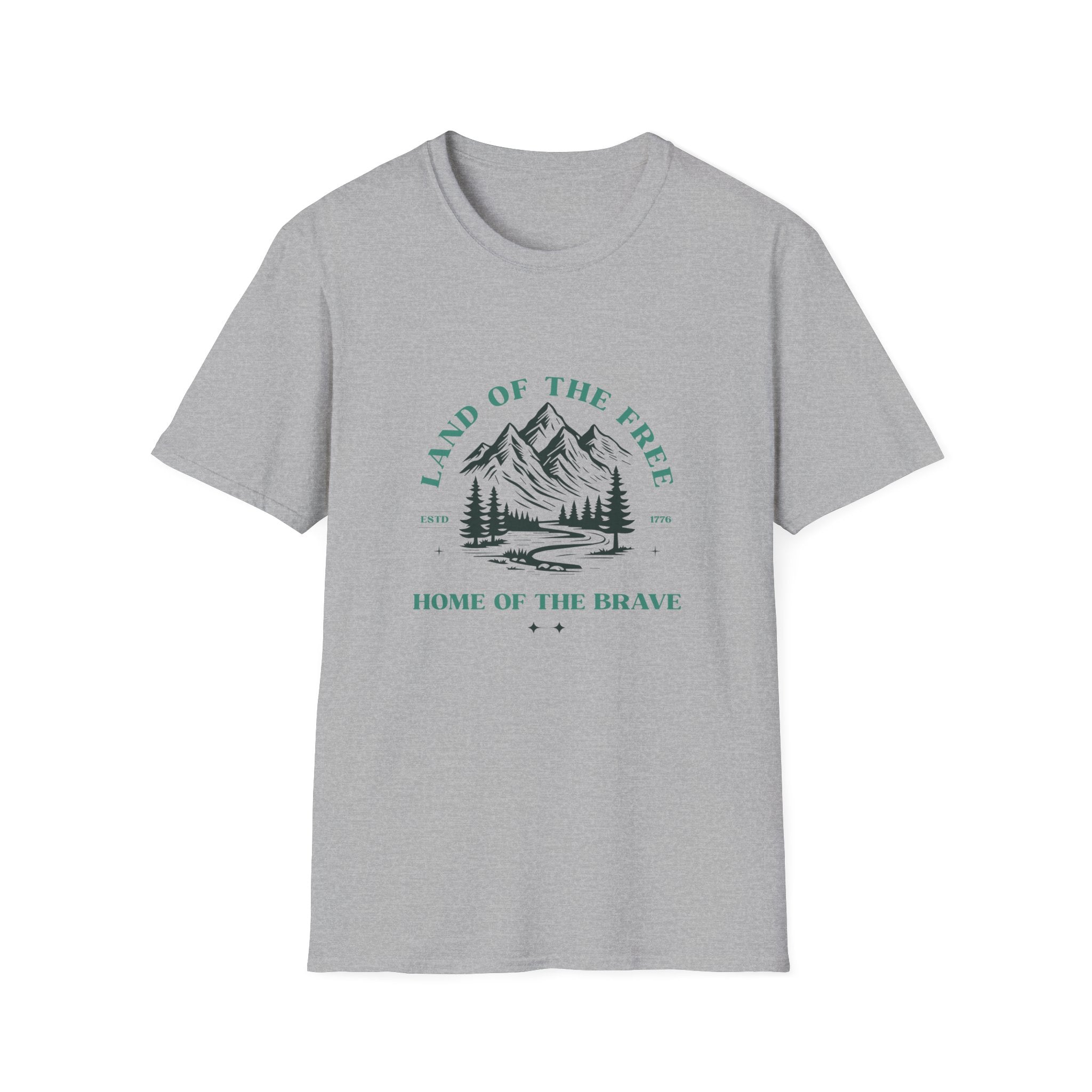 Land of the Free Mountain T-Shirt — "Land of the Free / Home of the Brave" Scenic Graphic