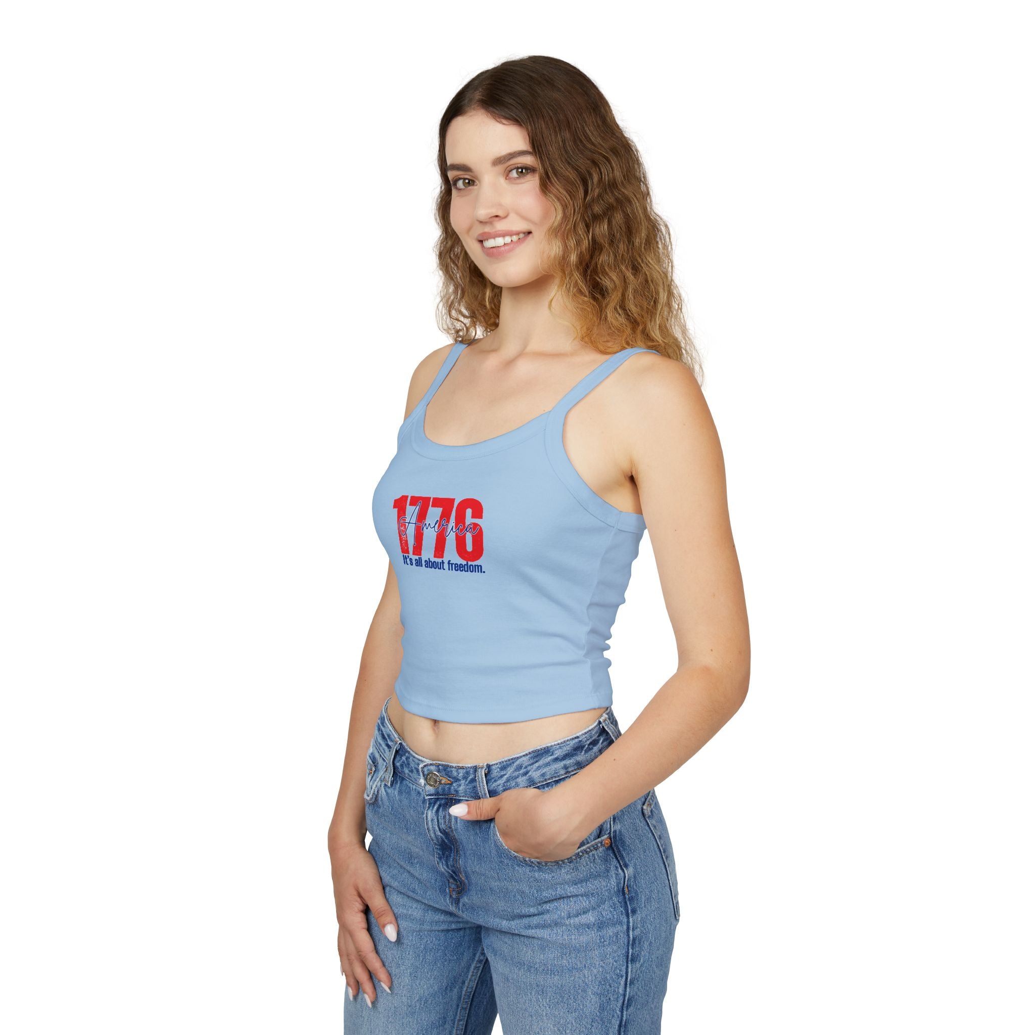 1776 Patriotic Crop Tank – "It's All About Freedom" Women’s Spaghetti Strap Top