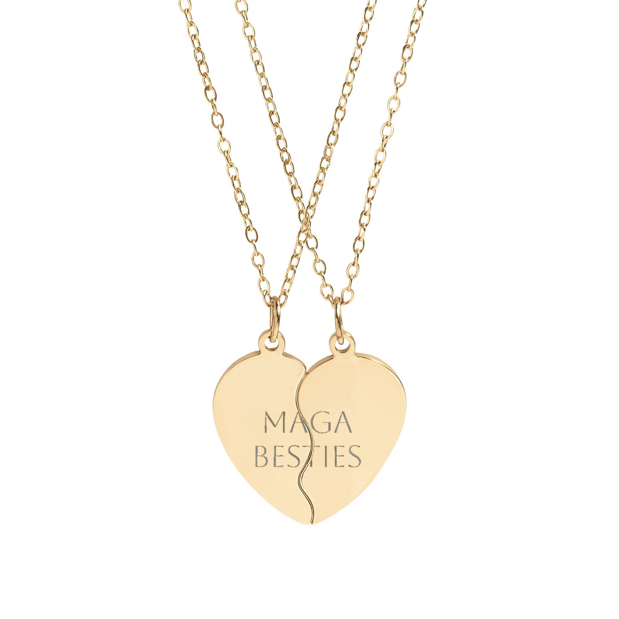 MAGA Break Apart Heart Necklace Set — Engravable Besties/BFF Split Heart Pendant (Gold or Silver)