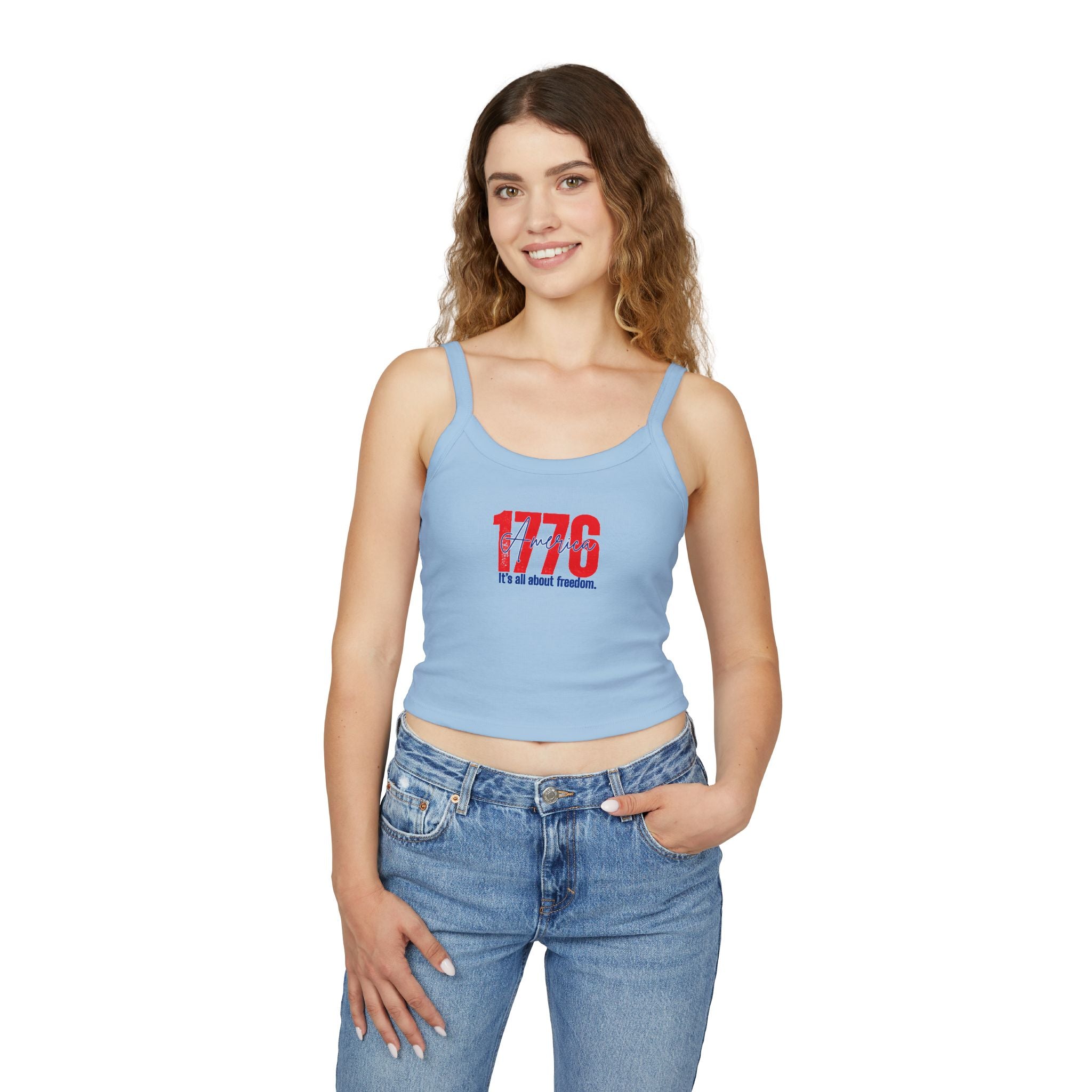 1776 Patriotic Crop Tank – "It's All About Freedom" Women’s Spaghetti Strap Top