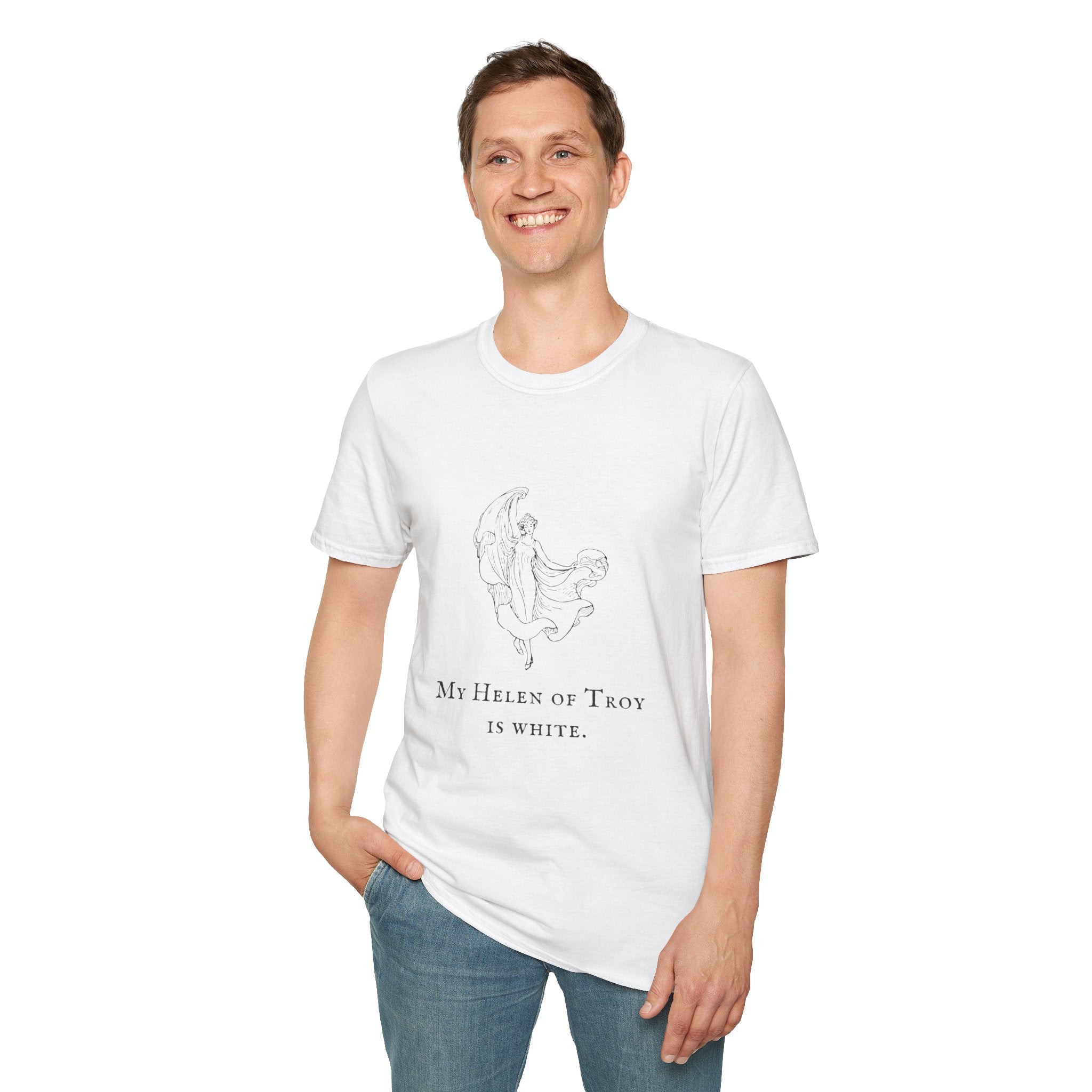 T-Shirt — Minimal Mystic Angel Illustration with 'My Helen of Troy is White' Quote