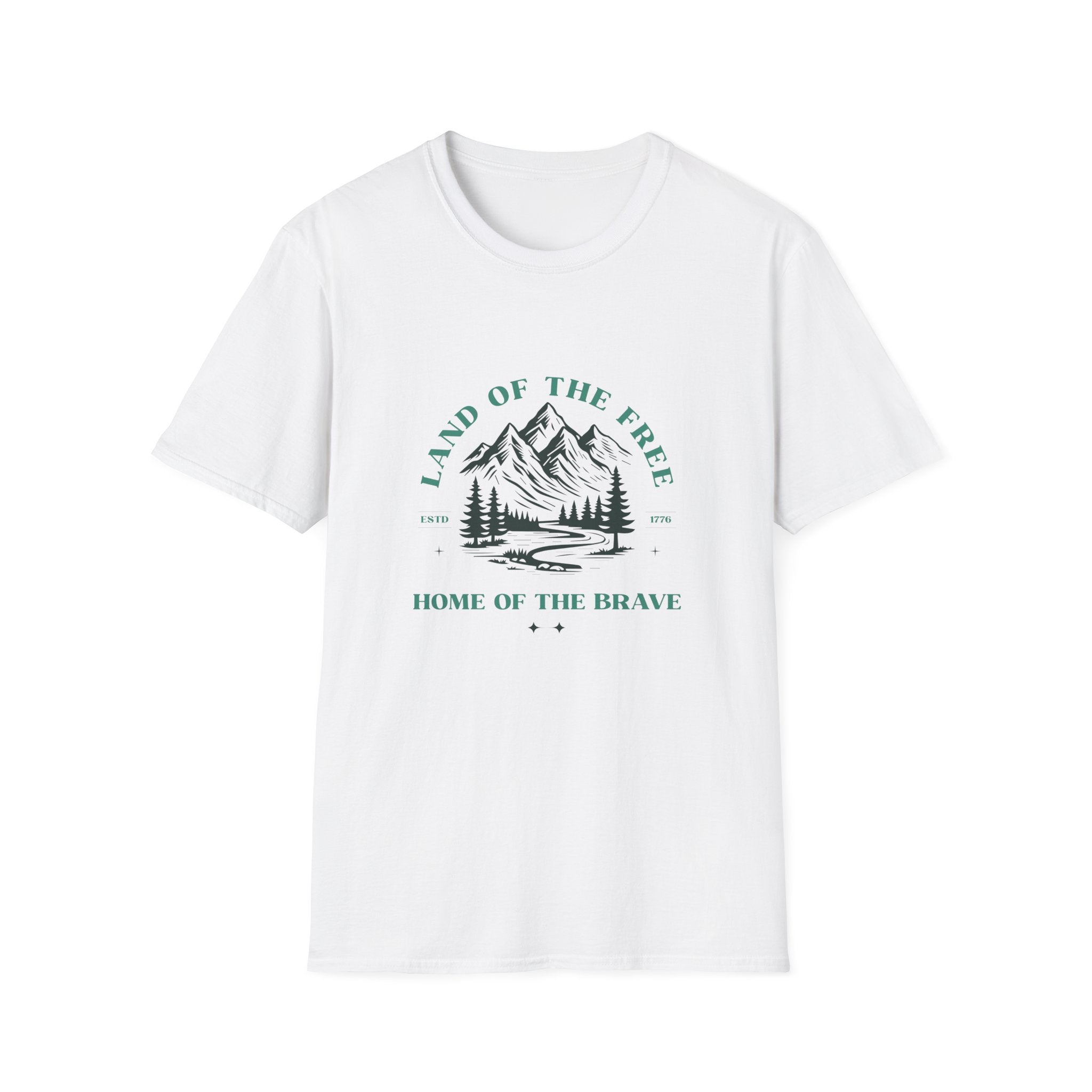 Land of the Free Mountain T-Shirt — "Land of the Free / Home of the Brave" Scenic Graphic