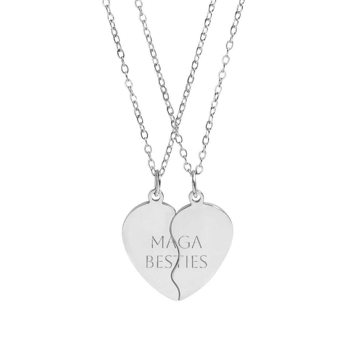 MAGA Break Apart Heart Necklace Set — Engravable Besties/BFF Split Heart Pendant (Gold or Silver)