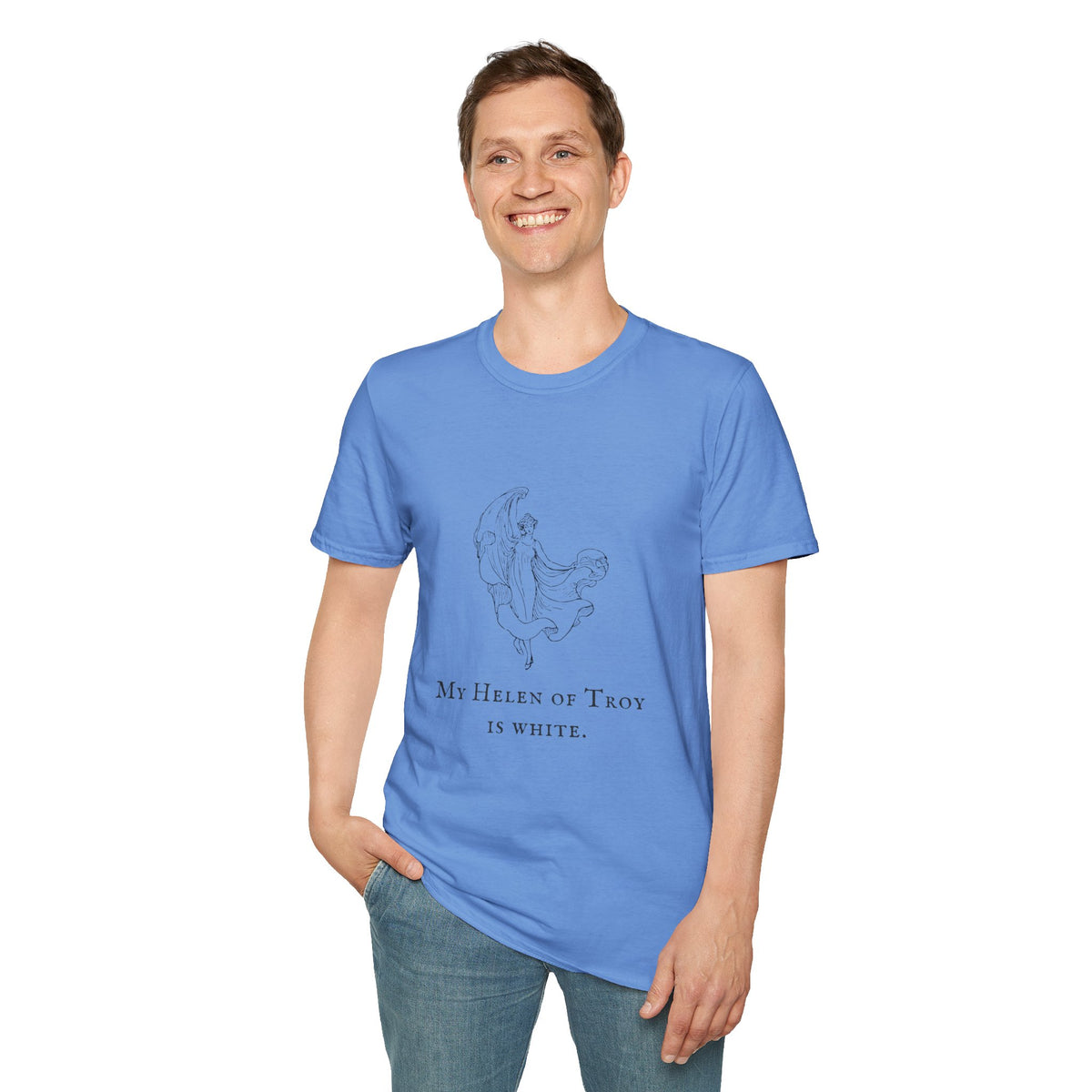 T-Shirt — Minimal Mystic Angel Illustration with 'My Helen of Troy is White' Quote