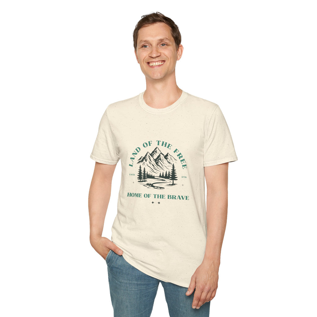 Land of the Free Mountain T-Shirt — "Land of the Free / Home of the Brave" Scenic Graphic