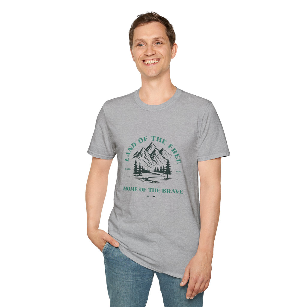 Land of the Free Mountain T-Shirt — "Land of the Free / Home of the Brave" Scenic Graphic