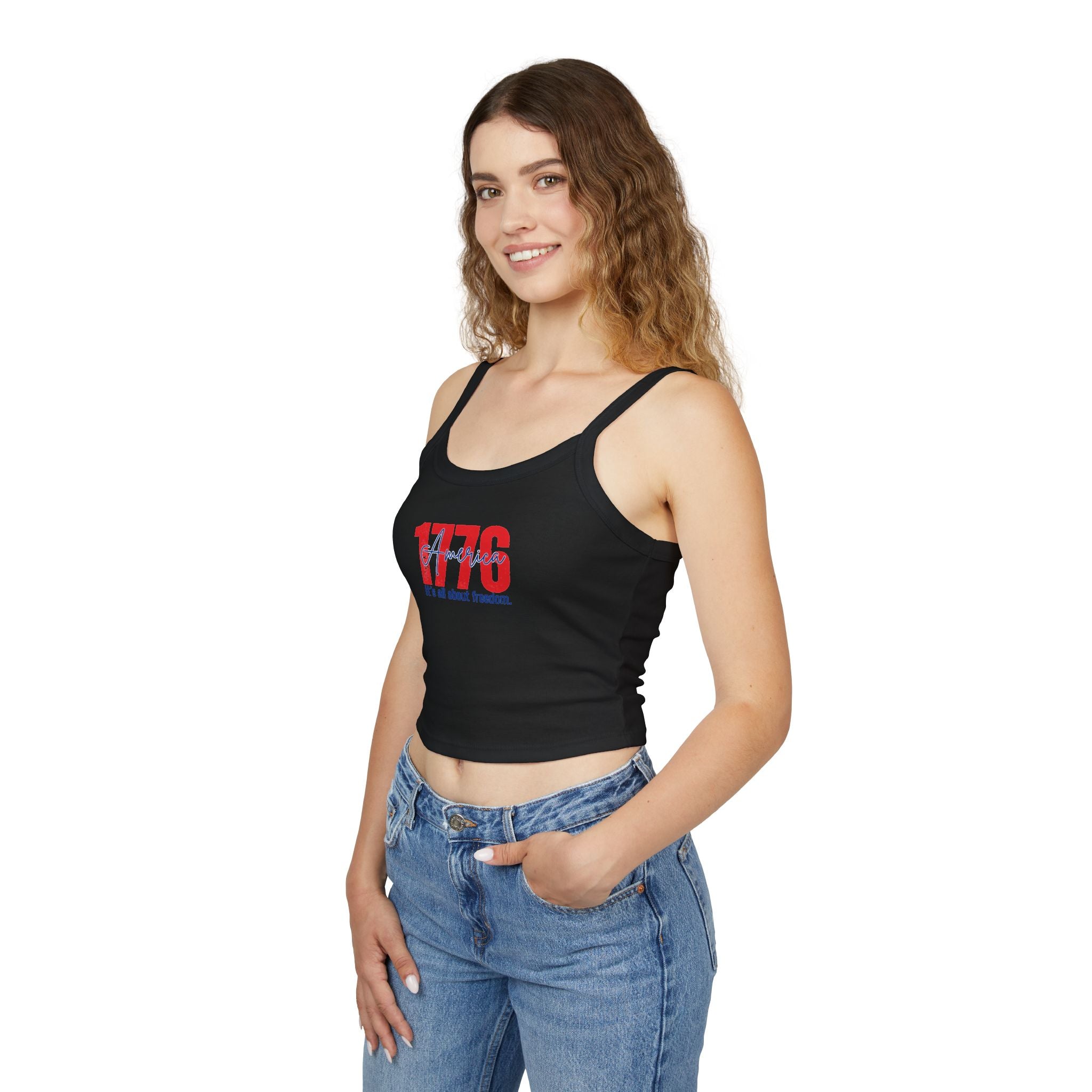 1776 Patriotic Crop Tank – "It's All About Freedom" Women’s Spaghetti Strap Top