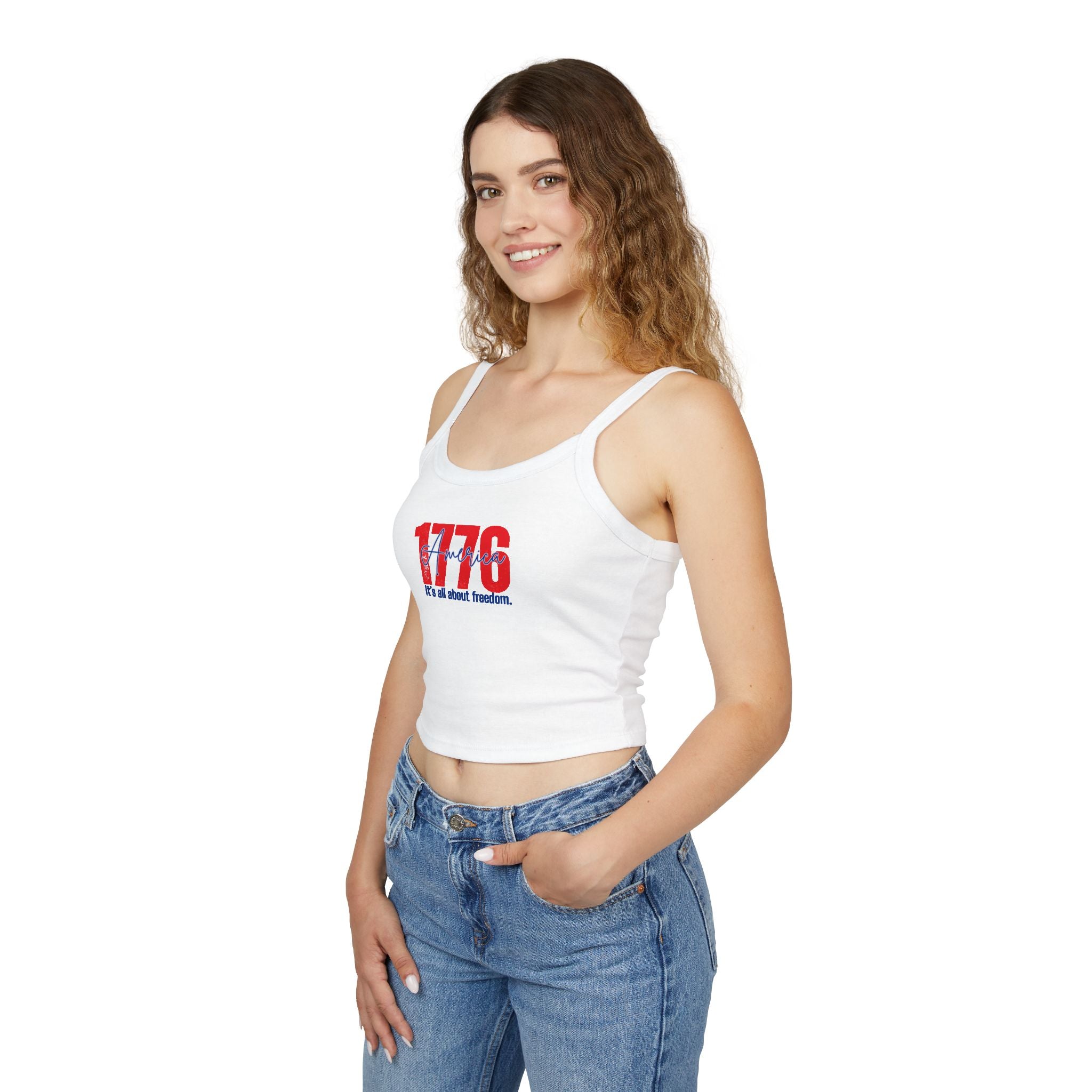 1776 Patriotic Crop Tank – "It's All About Freedom" Women’s Spaghetti Strap Top