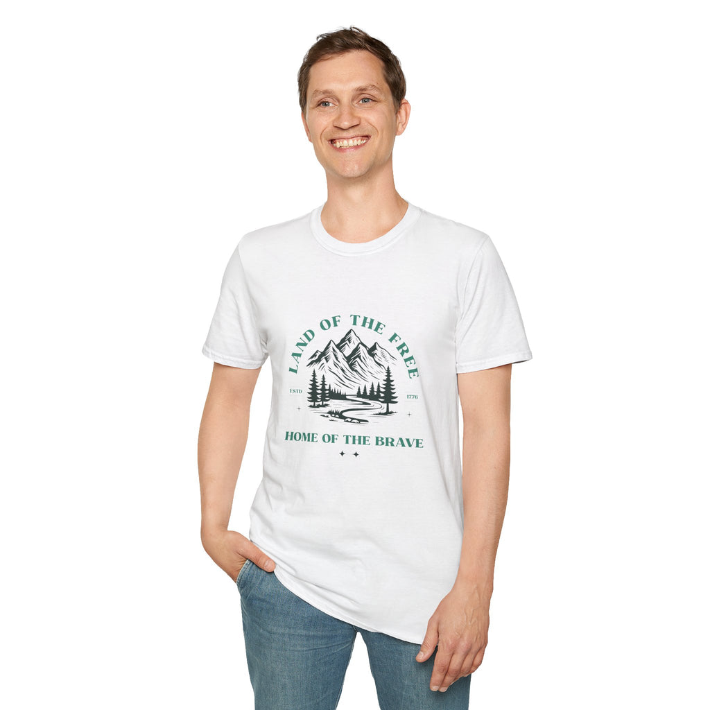 Land of the Free Mountain T-Shirt — "Land of the Free / Home of the Brave" Scenic Graphic