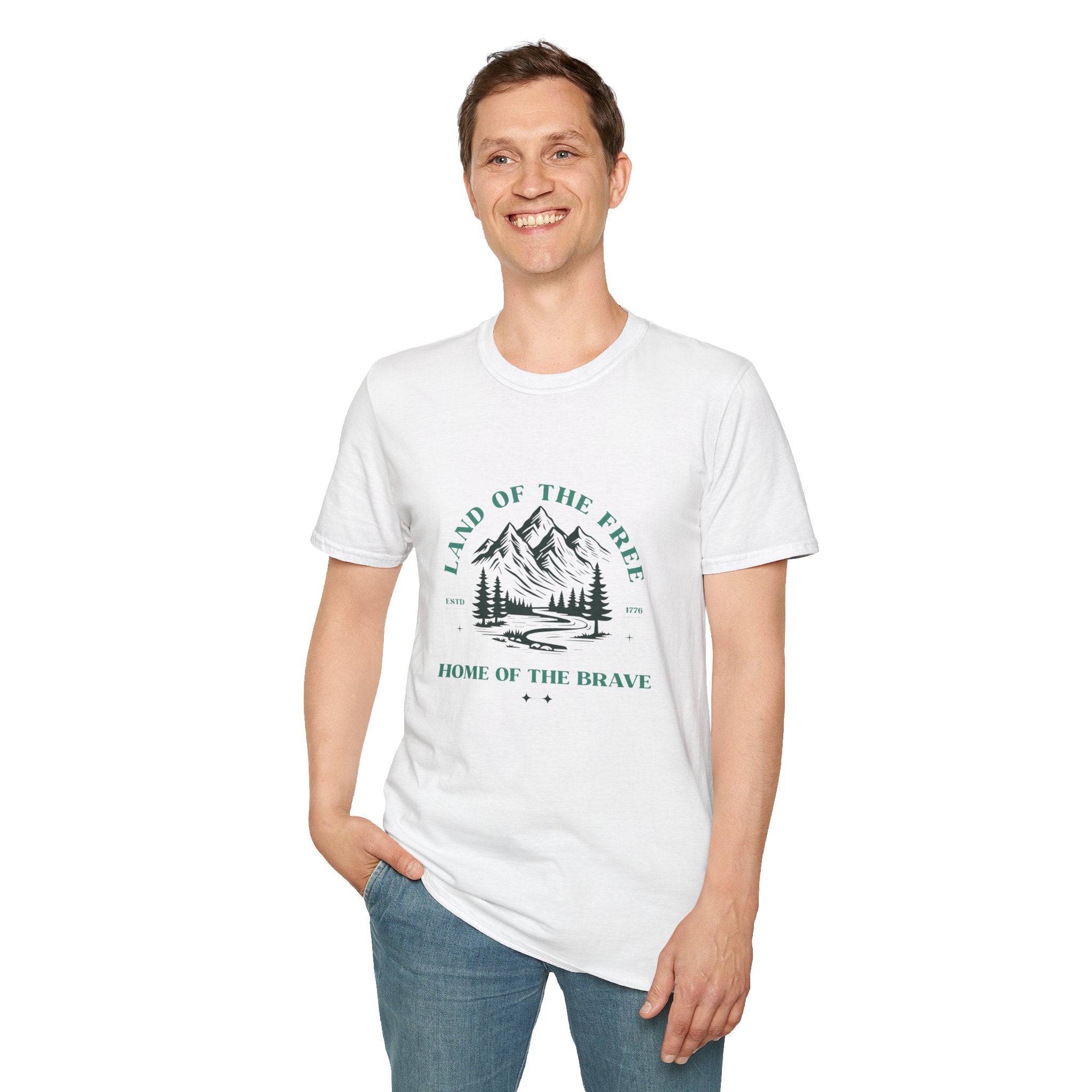 Land of the Free Mountain T-Shirt — "Land of the Free / Home of the Brave" Scenic Graphic