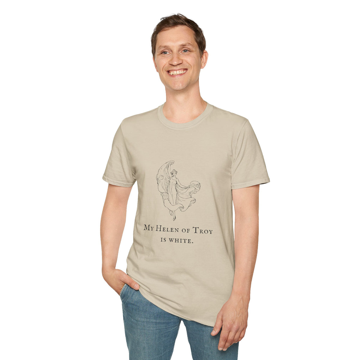 T-Shirt — Minimal Mystic Angel Illustration with 'My Helen of Troy is White' Quote