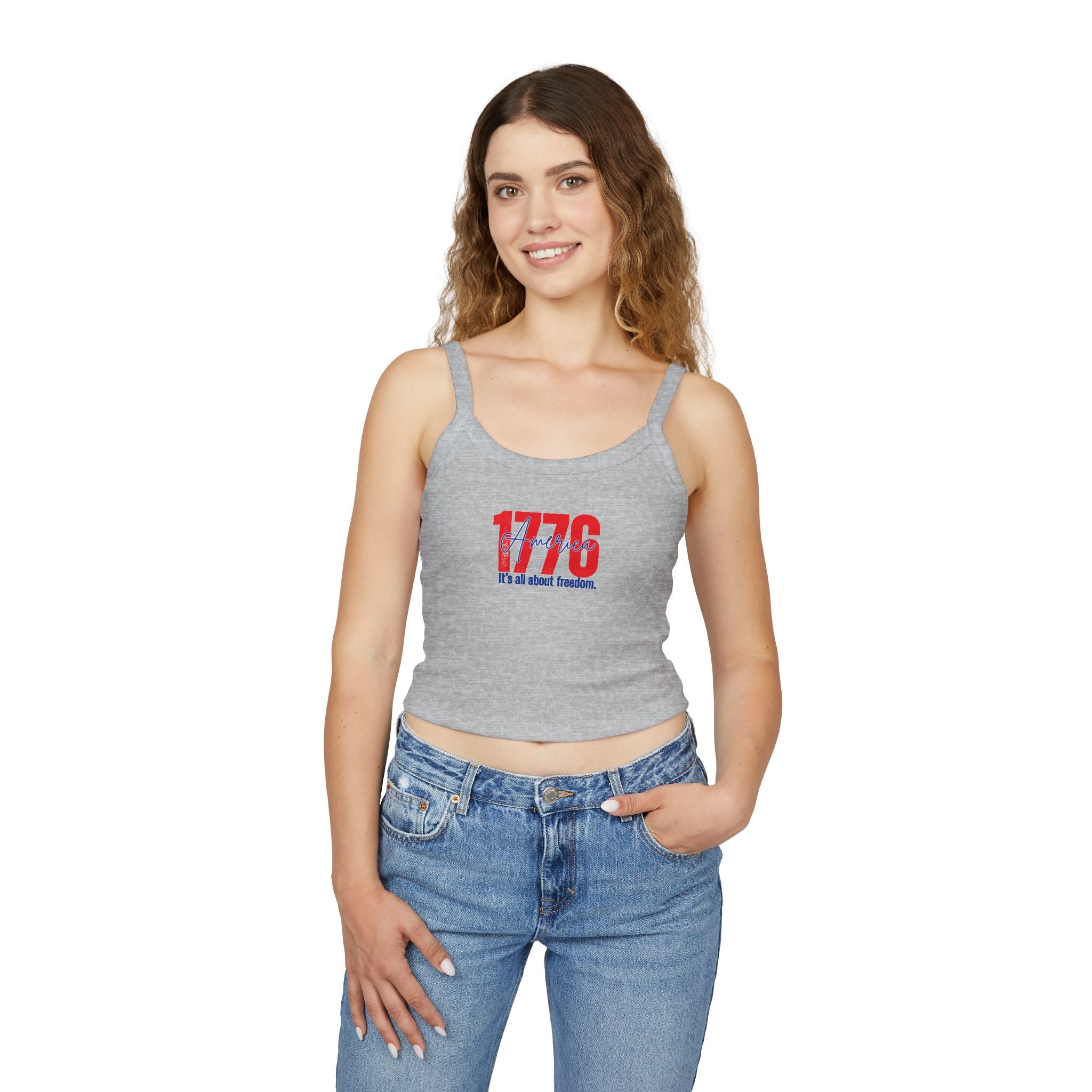 1776 Patriotic Crop Tank – "It's All About Freedom" Women’s Spaghetti Strap Top